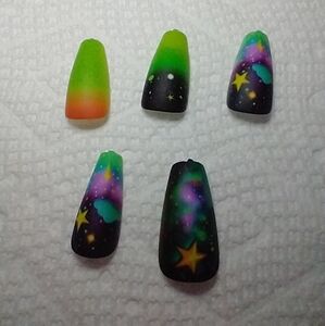 Press on nails colorful multicolor star cloud night aurora nail set black green